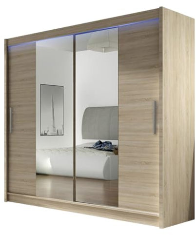 Mirjan24 Kleiderschrank London II mit Spiegel und RGB LED Beleuchtung, Schwebetürenschrank, Modernes Schlafzimmerschrank 180x215x58cm, Garderobe (Sonoma Eiche)
