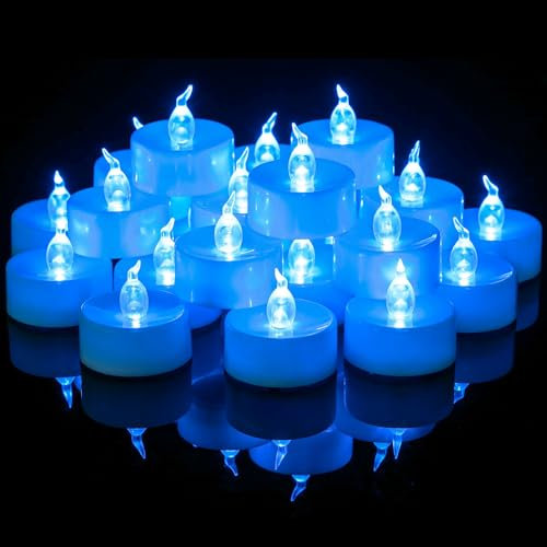 Yakpo 36 Pack Blue LED Tea Light Battery Operated, Flameless Blue Flickering Votive Tealight, Electric LED Fake Candle Bulk for Wedding, Blue Party, Christmas, Halloween Pumpkin Lights Decorations