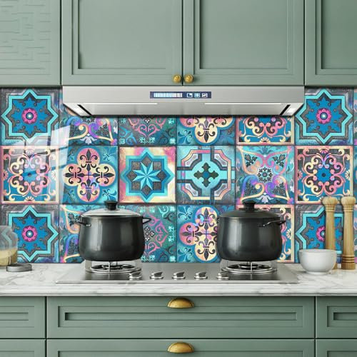 FliesenaufkleberBunte Blaue Lila Mosaikfliesen PVC Klebefliesen Wasserdicht Fliesenaufkleber Bad Küchenrückwand Selbstklebend Ölfest Tile Sticker Wandfliesen Fliesen Folie Abziehbar 15x15cm/10 Pcs