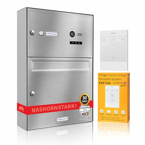 AL Briefkastensysteme Edelstahl Briefkasten mit Klingel und Sprechanlage 1 Familienhaus Komplettsystem Balter EVO Talk - Briefkasten Edelstahl V2A grau Aufputz Wandmontage mit Gegensprechanlage