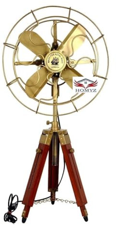 HOMYZ Vintage Brass Antique Table Fan Unique Style Wooden Tripod Stand Electric fan design Floor Fan Bedroom/Livng Room Working Floor Fan Home Decor