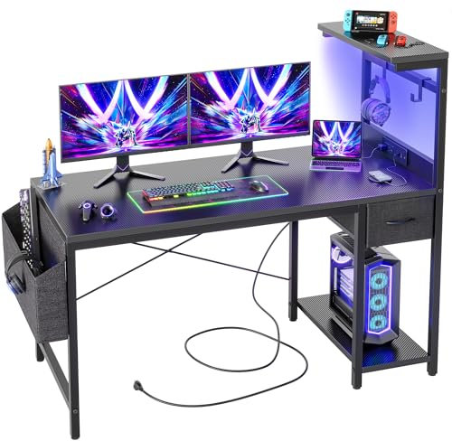 BEXEVUE LED Computer Desk with Power Outlets - 120x50cm Gaming Desk Large Storage Shelf, Reversible Gamer Writing Table with Drawer Side Pocket Bag, 2 Hooks Workstation for Study Play Work Home Office
