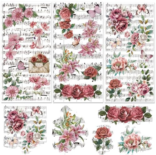 BEUNITONE Vintage-Rose Blumen Musik Schmetterlinge Buchstaben Abziehbilder 3 Stück, Holz DIY-Papier Heimdekoration 11.8 x 5.9''