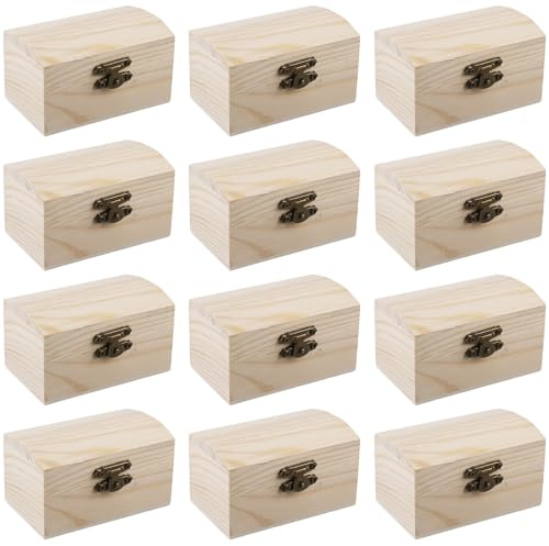 GOMETY 12 Stück Schatztruhe aus Holz mit gebogenem Deckel und Metallverschluss 9x5,5x5CM holzkiste mit Vintage-Verschluss Scharnieren Schatzkiste für Geburtstags-Piratenpartys Geschenke Schmuckkasten