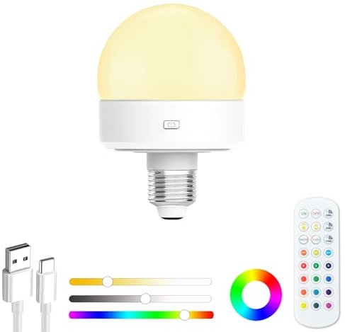 USB Rechargeable Dimmable Light Bulb with Magnetic Base Detachable, 5W Battery Operated Bulbs with Remote Timer and 3 Color Temperatures, Charging LED Bulb for Non Hardwired Lamps, Wall Sconce,Hom