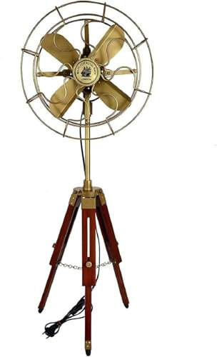 Ventilador de trípode antiguo estándar con soporte de trípode de madera de aspecto moderno, decoración de pedestal de diseño para el hogar, sala de estar, oficina