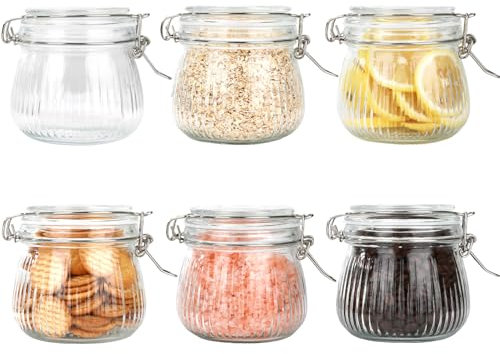 Ezvsevuo Lot de 6 Bocaux en Verre Hermétique, 500ml Bocal en Verre à Rayures avec Couvercle à Clip, Pot en Verre avec Couvercle, Bocaux Rangement Cuisine pour le Pâtes, Pickles, Céréales, Grains