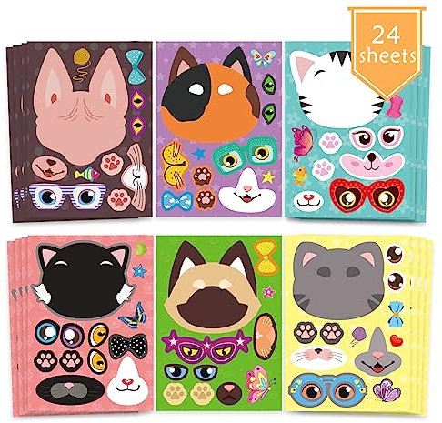 JUUFLA 24 PCS Cat Make a Face DIY Stickers for Kids, Party Bag Fillers Gift Set, Sticker Sheets Birthday Decorations Supplies, Favours Kit School Prize for Girls Boys