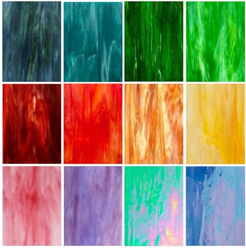 12 fogli di vetro colorato, 10 x 15 cm, colori brillanti, set di piastrelle in vetro per progetti fai da te, mosaico variegato, mosaico colorato assortito per la decorazione della casa