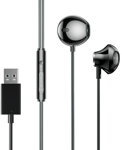 USB In-Ear Kopfhörer mit Mikrofon und Lautstärkeregler, Gaming Headset für PC, PS4, PS5, Laptop, Desktop - USB In Ear PC Headset für Skype, Office, Live Streaming und Home Office (250cm Kabel)