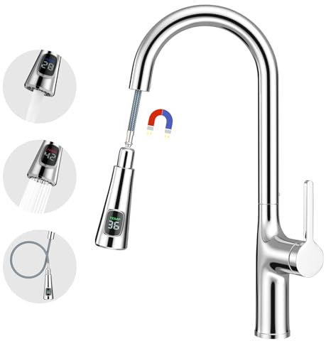 Wasserhahn küche Ausziehbar, Küchenarmatur mit hohem Bogen und Temperaturanzeige, 360° schwenkbar Einhebel-Küchenarmatur, Hochdruck-Spültischarmatur mit magnetischem 2-Funktions-Auslauf(Chrom)