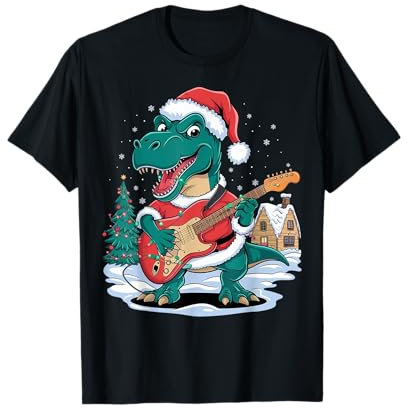 Dinosaurier Gitarre Xmas Funny Trex Dinosaurier Weihnachten T-Shirt