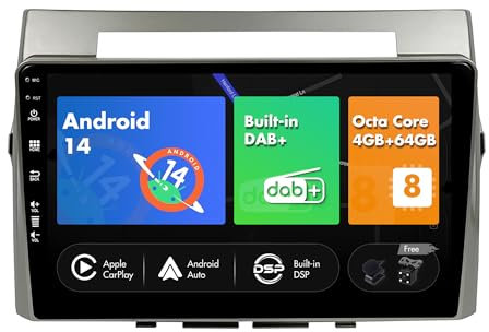SXAUTO -[Built-in DAB]- Android 14 Autoradio für Toyota Corolla Verso AR10 (2004-2009) - CarPlay Android Auto - Kamera + MIC - 4G+64G - DSP Lenkradsteuerung WIFI Bluetooth - 2 Din IPS 9 Zoll Octa-Core