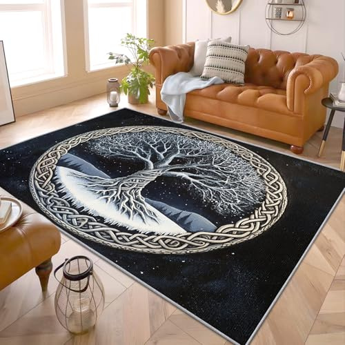 PaxGloz Baum des Lebens Teppich - Teppiche Wohnzimmer Schlafzimmer Wikinger, Kleiner Teppich Keltische Muster, Weich Kurzflor & Waschbar & rutschfest Fussmatte Innen, Kinderteppich 50x80 cm