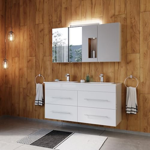 Lomadox Badezimmermöbel Badmöbel Set 2-teilig, Waschtisch Waschplatz 100cm breit mit Waschbecken, 2 Softclose-Schubladen und LED Spiegel, in Eiche