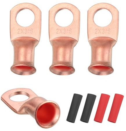 sourcing map 4pcs 2 AWG M10 Battery Lugs Ring Terminals, 3/8 10mm Stud Crimp Wire Terminal Connector End Copper, 3:1 Heat Shrink Tubing, Gold