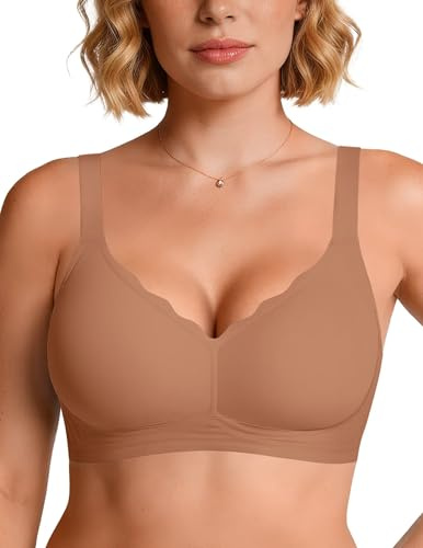 Vertvie Bras for Women Non Wired Seamless Wireless Push Up Bra Comfort Support Full Coverage Bralettes Scalloped Padded Sports Everyday Bra (Light Brown,S)