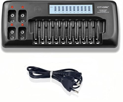 CITYORK Chargeur de batterie LCD 10 + 4 emplacements pour piles rechargeables 1,2 V AA/AAA NI-MH et piles rechargeables 9 V NI-MH/Li-ion avec protection IC intégrée