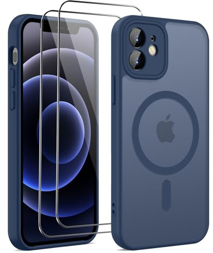 HGH für iPhone 12 Hülle für MagSafe mit 2 Schutzglas, Blau | Vollständiger Kameraschutz Stoßfest Kratzfest Anti-Fingerabdruck Transluzente Rückseite Matt Handyhülle für iPhone 12 Case