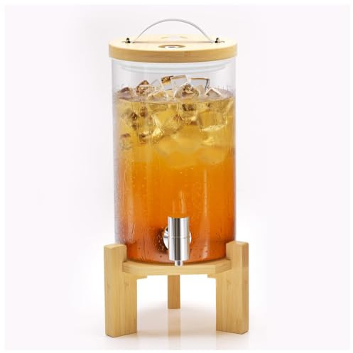 qudkdhs Distributeur de Boissons en Verre 5 L pour fêtes, avec Support en Bois et Robinet en Acier Inoxydable, Compatible avec Le Chaud et Le Froid, Machine à jus ou à Limonade, 11 L