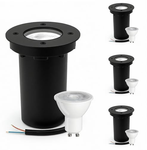 JNR Edelstahl Bodenstrahler Außen IP67 Wasserdicht 230V, Schwarz 4 Pack | Bodeneinbaustrahler Aussen mit 5W GU10 3000K Glühbirne, Rund Bodenleuchten Gartenbeleuchtung mit Strom