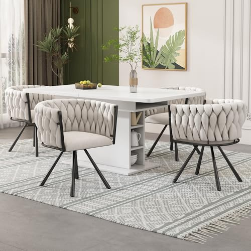 Merax Leinen Drehstuhl 4er Set, Moderne Esszimmerstuhl aus Leinen, Armlehnstuhl Drehbar mit Metallbeinen, für Esszimmer, Wohnzimmer, Schlafzimmer, Beige