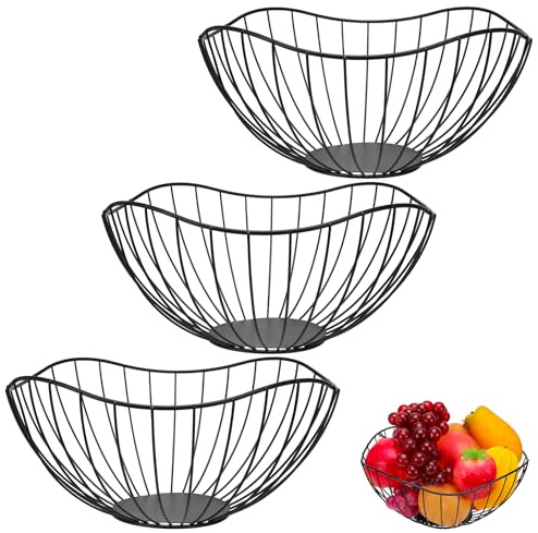3 Pcs Metal Fruit Bowls Baskets, 27x12cm Black Large Wire Fruit Baskets | Sturdy Wire Fruit Bowls, Wide and Deep Fruits Holder, Ideal for Kitchen Counter, Home Decor, Table Centerpiece
