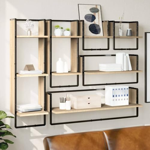 Qnhdfrt 6er Set Wandregal Sonoma Eiche 30/65/100 cm Holzwerkstoff mit Metallstange platzsparendes schwebendes Regal Modernes Design für Wohnzimmer Bad Küche Büro