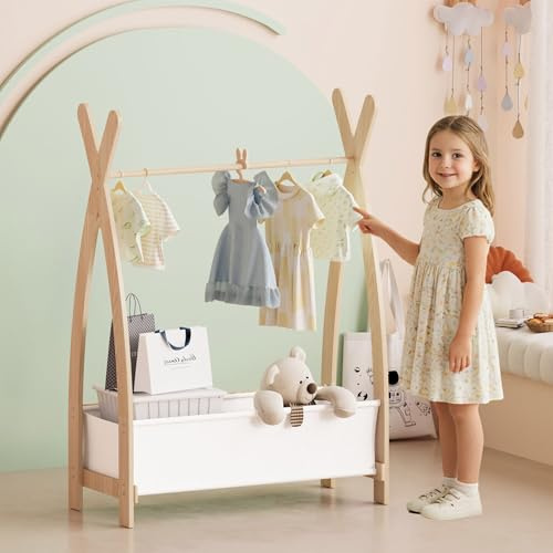 NACHES Kinder Kleiderständer Holz, Garderobenständer mit Aufbewahrungskiste und Kleiderstange, Kindergarderobe für Kinderzimmer, Mädchen (80 x 43 x 110cm)