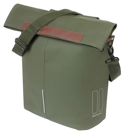 Basil Fahrradshopper MIK Hooks – 14–16L – Veganes Leder – Wasserfester Faltverschluss mit Magnet – Innenfach mit Reißverschluss – LED-Befestigung – Reflektierend – Abnehmbarer Schultergurt – Moosgrün