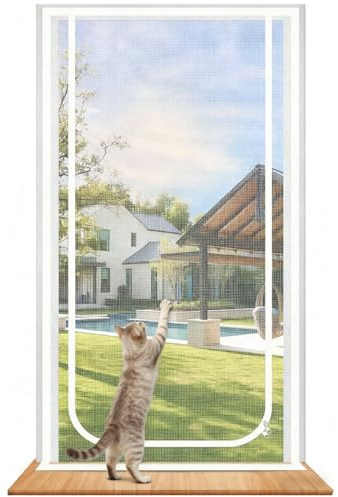 Cat Screen Door, Double-Sided Zipper Reinforced Mesh Screen Door for Introducing New Cats, Scratch Proof, Prevent Pets Running Around & Allow Fresh Air Flow (White, 80 x 200cm)