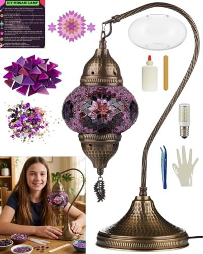 DEMMEX DIY Turkish Moroccan Mosaic Lamp Making Kit – Beginner Friendly Mosaic Art & Craft Project Kit for Adults & Teens – No Grout/Plaster Needed – Fun, Easy, No Experience Required (Purple)