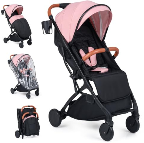 LIFEZEAL Passeggino Leggero per Bambini 0-3 Anni, Passeggino Pieghevole da Viaggio con Tettuccio, Poggiapiedi, Portabicchieri, Cestello Portaoggetti, Copertura Antipioggia, fino a 15kg (Rosa)