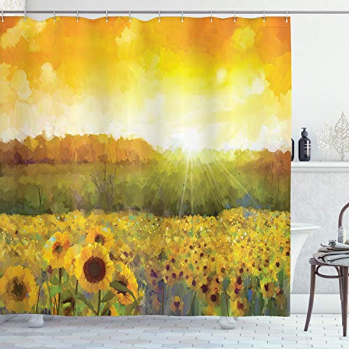 ABAKUHAUS Oranger Duschvorhang, Goldenes Sonnenblumenfeld, Stoffliches Gewebe Badezimmerdekorationsset mit Haken, 175 x 240 cm, Orange Gelb