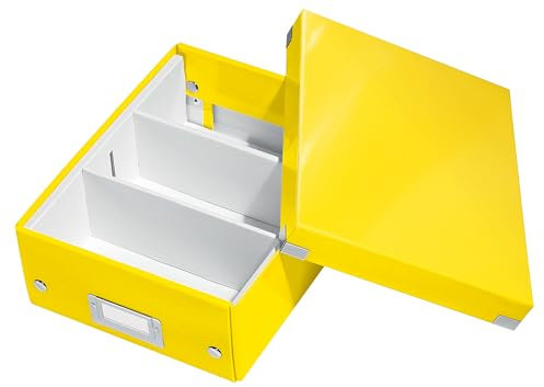Leitz Click & Store Aufbewahrungsbox mit Deckel Klein, Box mit Trennwänden für Zubehör im Büro oder Utensilien im Haushalt, Transportbox aus 84 % recycelter Premium-Hartpappe, Gelb, 60570016