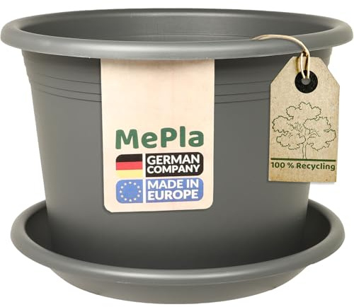 MePla - Blumentopf Pflanzkübel Cylindro ø20 cm + Untersetzer ø19 cm, Anthrazit, wetterfest aus UV-beständigem Kunststoff