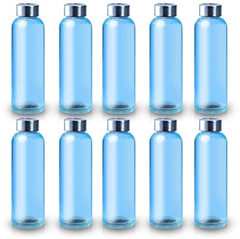ShyaWorld Botella De Cristal para Agua con cuerpo de acabado Transparente. Tapón a rosca en Acero Inoxidable. Cajas individuales por botella. (AZUL, 500ml (10PCS))