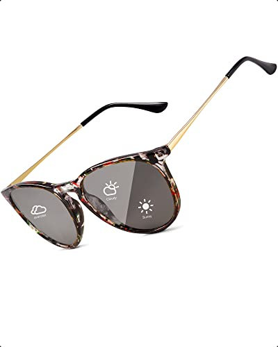 TJUTR Photochromatisch Sonnenbrille für Herren Damen, Polarisiert Klassische Retro Runde Brille Autofahren- UV400 Schutz (Schwarz Blumig/Grau Photochromatisch)