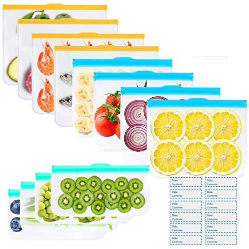 Exllena Reusable Silicone Freezer Bags + Freezer Labels, Reusable Food Bags BPA Free, Eco-Friendly and Leakproof Ziplock Bags with Triple Zip Closures-12 Packs