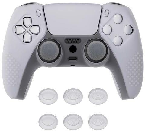 eXtremeRate PlayVital Funda de Silicona para ps5 Mando - Cubierta Protectora con 6 Tapas de Joysticks, Impermeable, Resistente y Antideslizante, Funda de Goma Suave, 3D Tachonado (Claro Blanco)