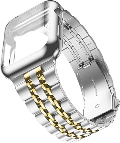 Wolait Compatible con Apple Watch Band de 45 mm con funda, correa de negocios de metal de acero inoxidable mejorada con protector de pantalla para iWatch Series 9/8/7, correa plateada/dorada + funda