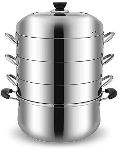 WIQUYBML Vaporera de Acero Inoxidable, Vaporera de Cuatro Capas, Vaporera de Acero con Tapa, Tapa de Vidrio Templado de Gran Diámetro y Mango Resistente al Calor, Apto para Estufas de Gas de Varios T