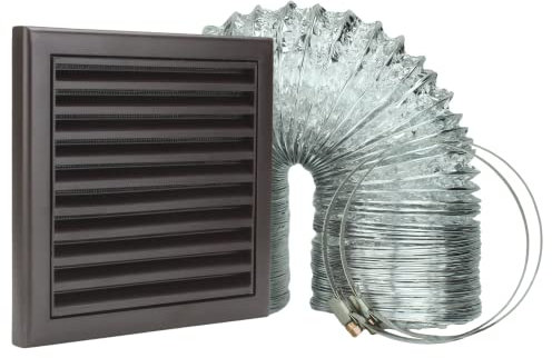 VENTS Cooker Hood Duct Vent Kit, 150mm (6-inch) Diameter. Brown Louvered Grille with Insect Fly Mesh, 2 Jubilee Clips, 3 Meters Semi-Rigid Metal Aluminium Ducting