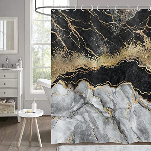 Hnmdmyi Rideau de Douche Marbre Noir 180x180, Gris Or Scintillant Rideau de Douche Abstrait Déchirure Encre Texture Moderne Luxe Art Rideau de Baignoire Étanche Polyester Tissu Lavable Rideau de Bain