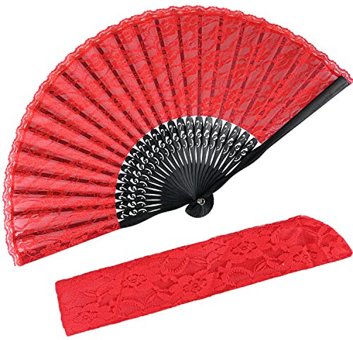 iZoeL Handfächer Hochzeitsfächer Spitze Fächer,Brautfächer Fächer Hochzeit Faltbaren Fächer Tanzfächer mit Leinen Geschenktüte für Hochzeit Fasching Party（Rot）