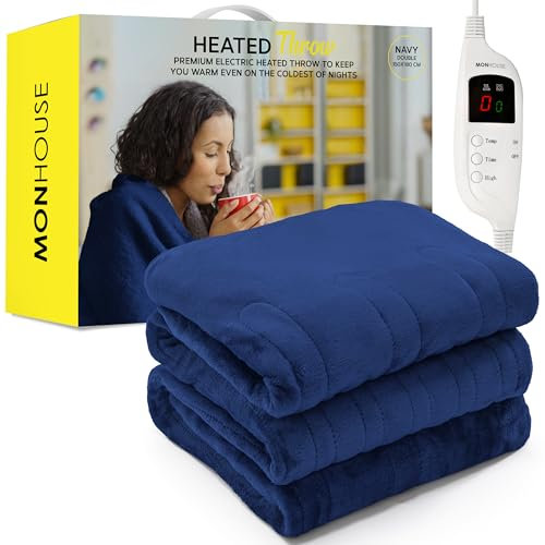 MONHOUSE Heated Throw - Electric Blanket - Digital Controller - Timer up to 9 hours, 9 Heat Settings, Auto Shutoff - Machine Washable - Double 150x180cm - NAVY
