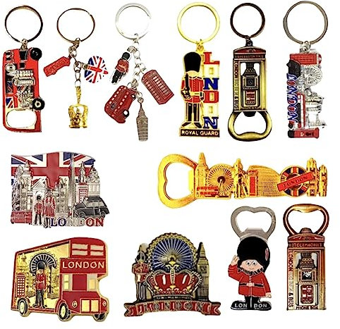 12 London Souvenirs Keyrings Magnets - British Souvenir Metal Magnet Key chain - Union Jack Key Ring Magnet UK Fridge Magnet Bottle Opener Keychain