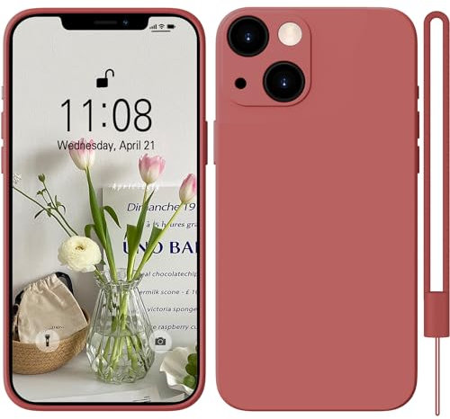 HGH Silikon Hülle Kompatibel mit iPhone 13 Hülle mit Kette, Ganzkörperschutz handyhülle mit Seidig-Weicher Berühren, Stoßfeste Hülle mit Mikrofaser-Futter für iPhone 13 case Cover 6,1 Zoll, Rot
