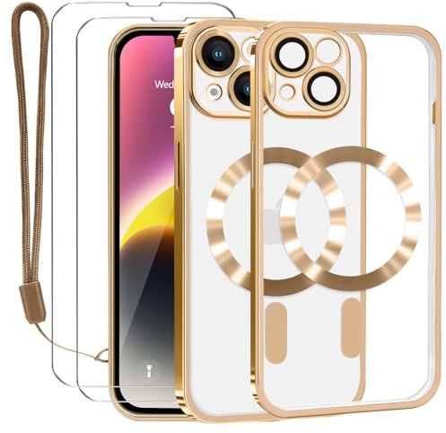 Lafunda Coque pour iPhone 14 avec 2×Verre Trempé et Caméra Protecteur, Coque avec MagSafe Magnétique pour iPhone 14 Film Protection D'écran Transparente Coque Aimantée Or