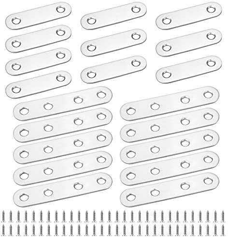 20Pcs Flat Corner Brace Straight Brackets, Stainless Steel Joining Mending Flat Plate Bracket for Wood Furniture Connect Repair (2 Holes & 4 Holes, 60Pcs Screws)